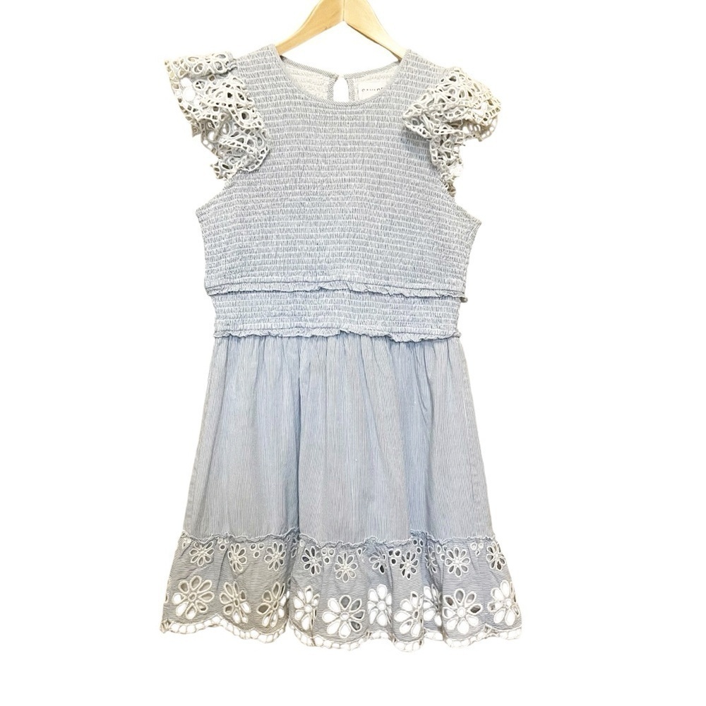 SAYLOR NWT Smocked Mini Dress Size Large Blue Pinstripe Eyelet Coquette Preppy - Picture 8 of 12